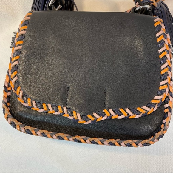 Rebecca Minkoff Black Leather Crossbody Bag Silver Chain Braided Tassels Boho - Picture 8 of 15